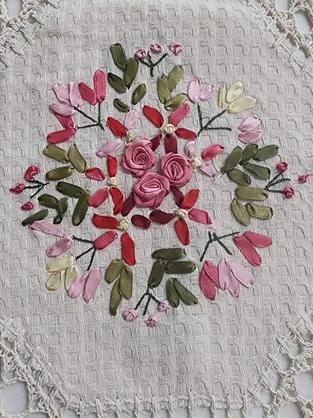 Mexican Artisanal Handmade Crochet Lace Table Runner Floral Ribbon Embroidered.